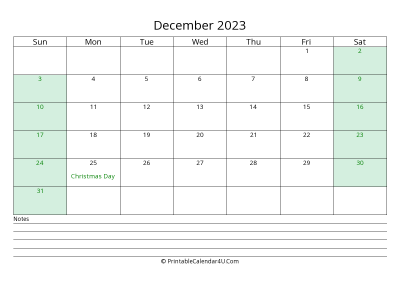 december 2023 calendar with us holidays and notes landscape layout