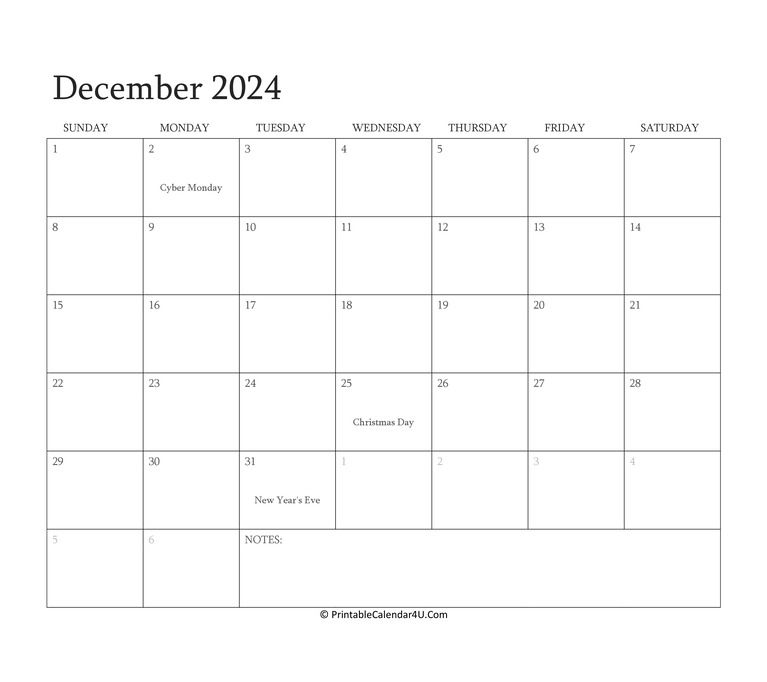 December 2024 Calendar With Holidays Printable Cati Mattie