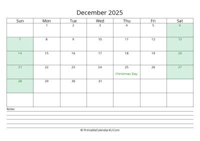 december 2025 calendar with us holidays and notes landscape layout