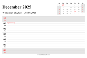 december 2025 weekly calendar with us holidays landscape layout