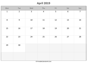 editable calendar april 2019