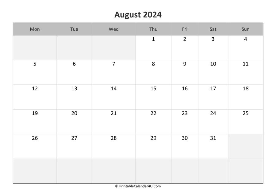 2024 August Calendar Free Printable Blank Pdf Adina Arabele