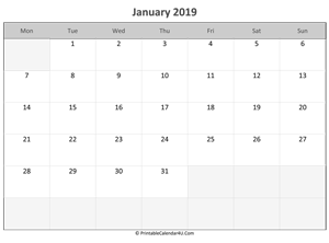 editable calendar january 2019
