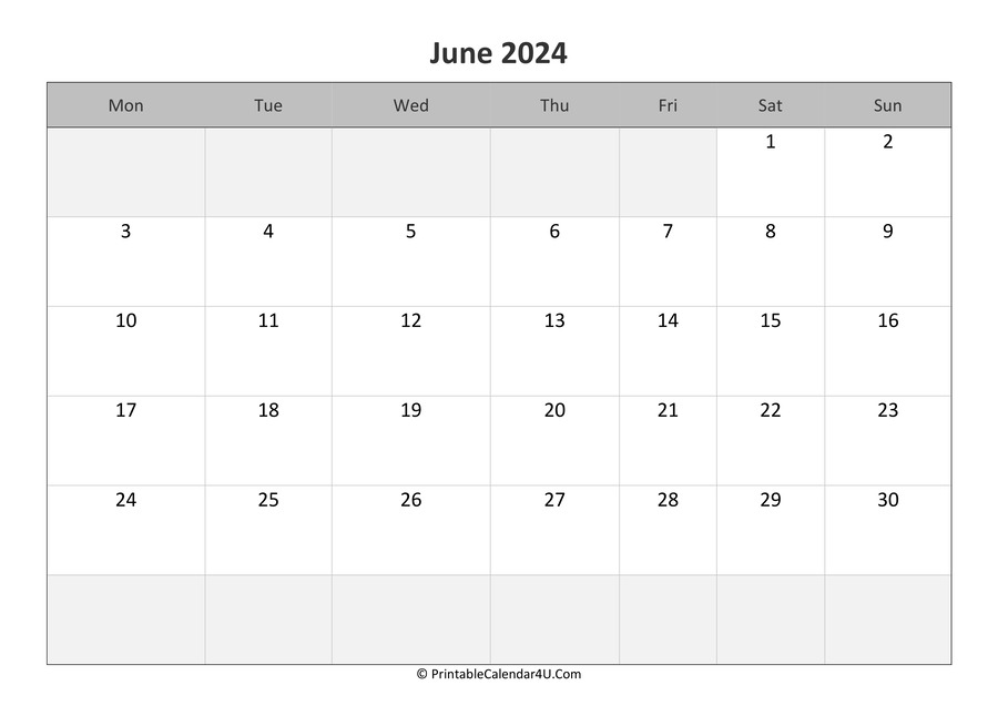 2024 June Monthly Calendar Printable Free Pdf Sal Marcie