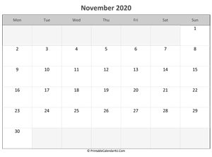 November 2020 Editable Calendar With Holidays