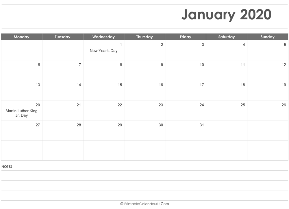 January 2020 Calendar Templates