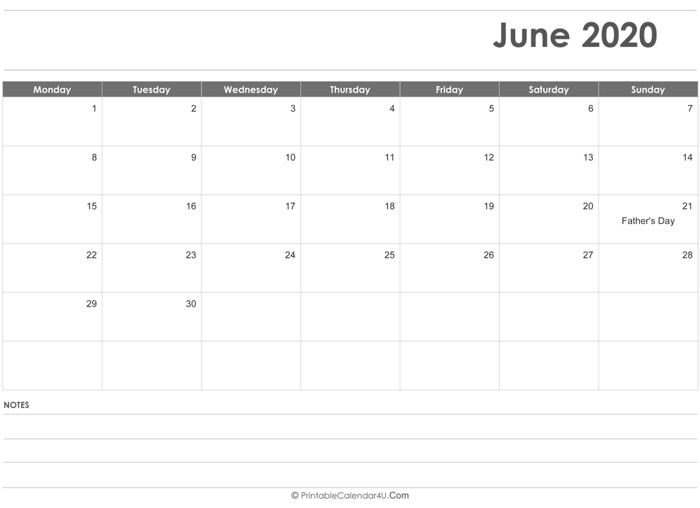 Editable June 2020 Calendar