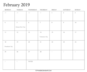 february 2019 calendar printable with holidays