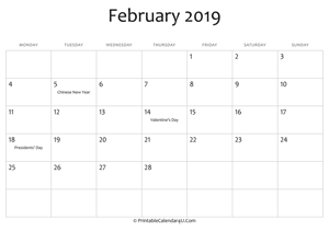 february 2019 editable calendar with holidays