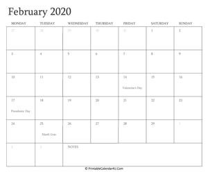 february 2020 calendar printable with holidays