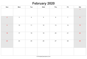 february 2020 calendar with uk bank holidays highlighted landscape layout