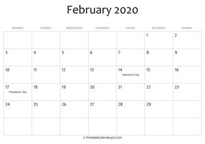 february 2020 editable calendar with holidays