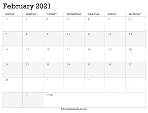 february 2021 calendar printable week starts on sunday