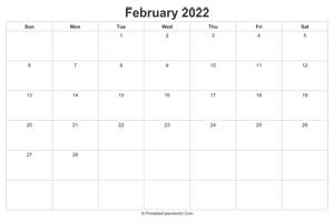 february 2022 calendar printable landscape layout