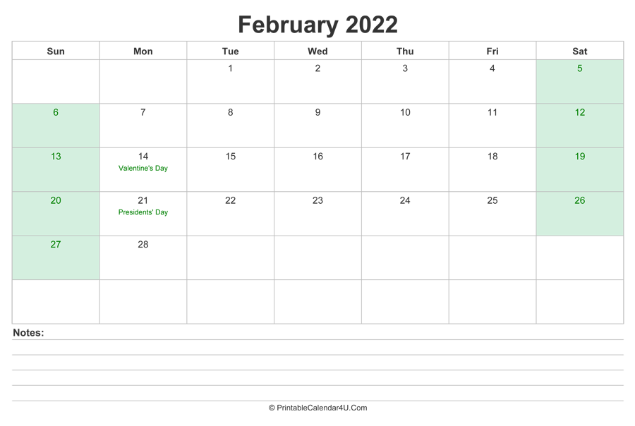 February 2022 Calendar Holidays February 2022 Calendar With Us Holidays And Notes (Landscape Layout)