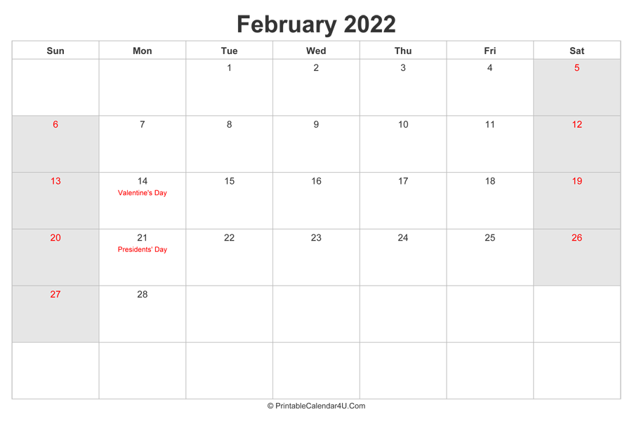 Feb 2022 Calendar With Holidays February 2022 Calendar With Us Holidays Highlighted (Landscape Layout)