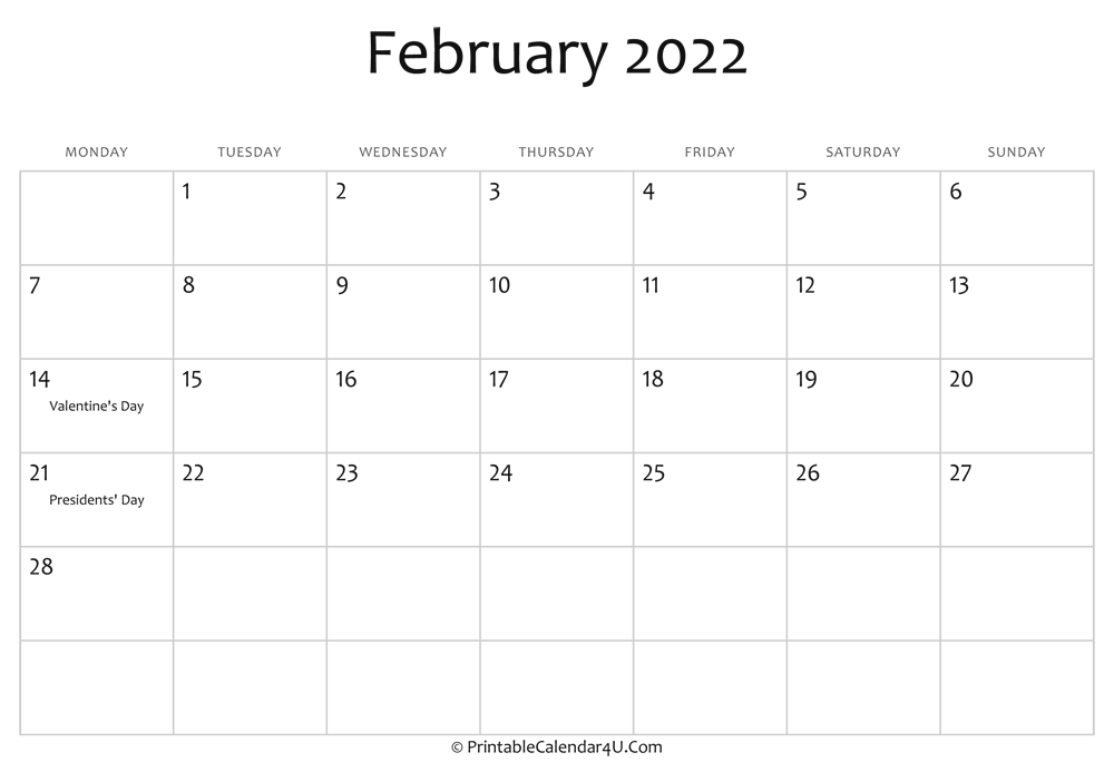 Editable Calendar February 2022 February 2022 Editable Calendar With Holidays