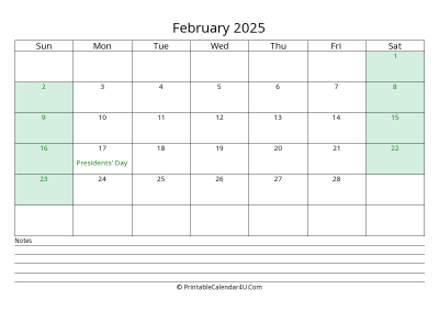 february 2025 calendar with us holidays and notes landscape layout