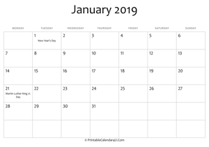 january 2019 editable calendar with holidays