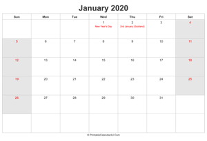 january 2020 calendar with uk bank holidays highlighted landscape layout