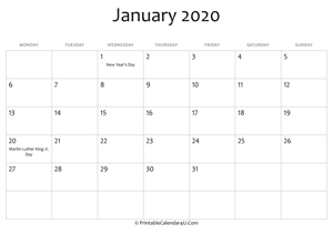 january 2020 editable calendar with holidays