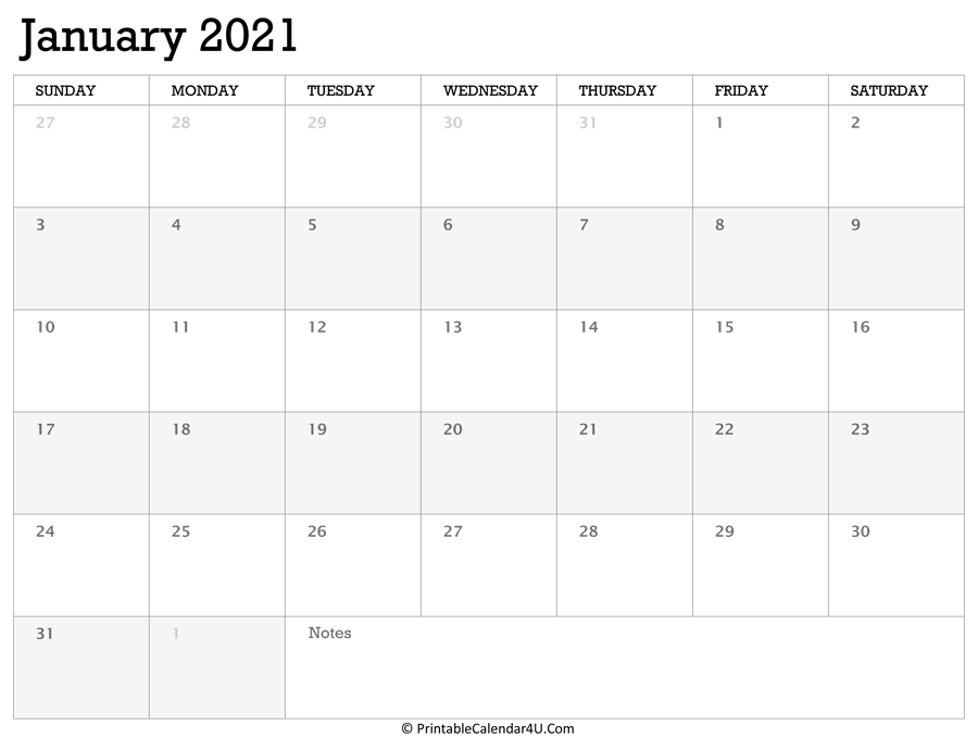 Printable Calendar January 2021 with Holidays