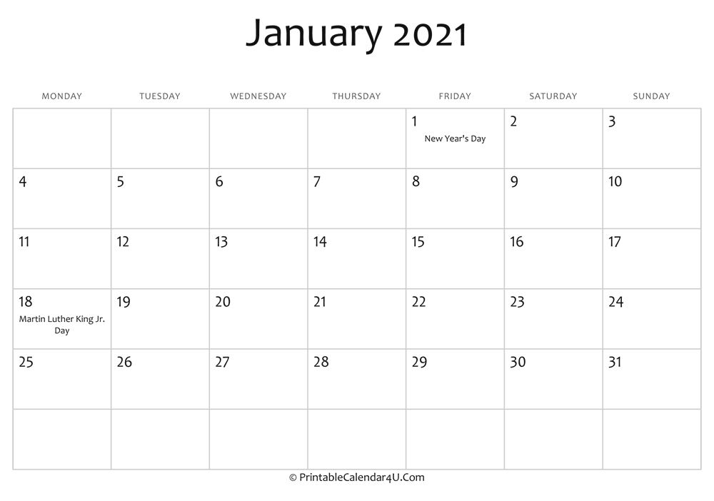 January 2021 Editable Calendar With Holidays