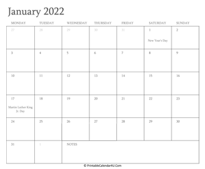 january 2022 calendar printable with holidays