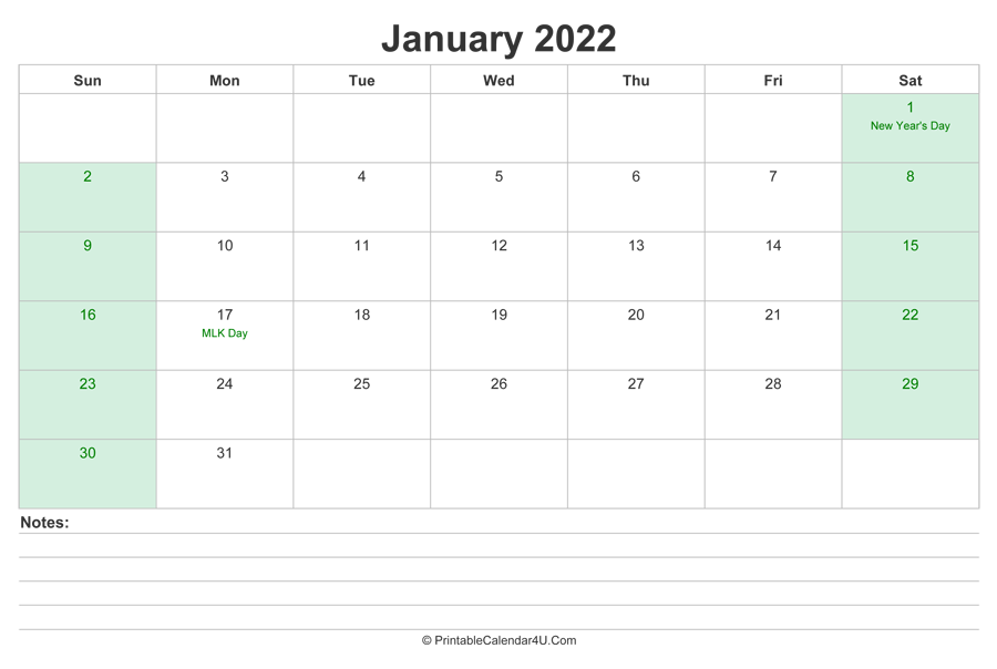 January 2022 Calendar With Us Holidays And Notes Landscape Layout