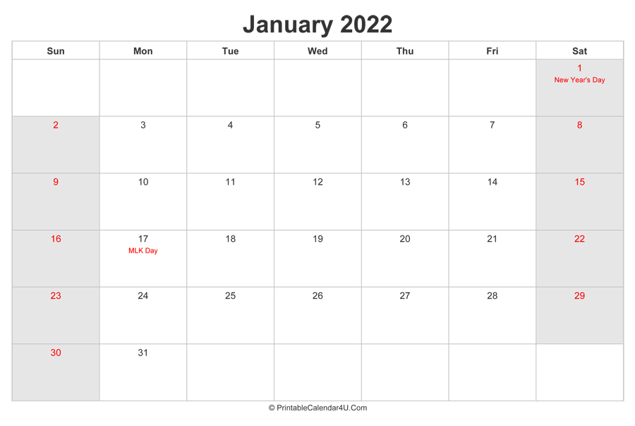 January 2022 Calendar With Us Holidays Highlighted Landscape Layout