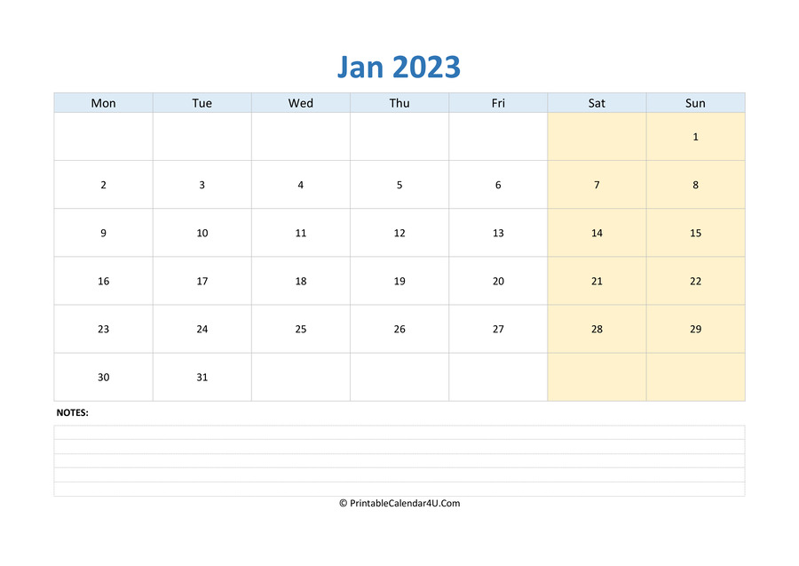 January 2023 Calendar Templates