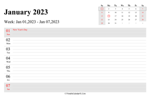 january 2023 weekly calendar with us holidays landscape layout
