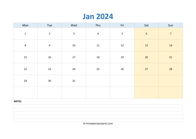 january 2024 calendar editable with notes horizontal layout