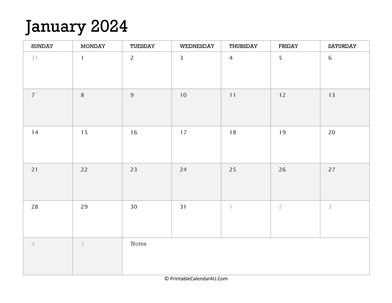 january 2024 calendar printable week starts on sunday