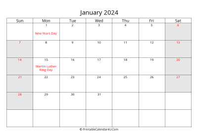 january 2024 calendar with us holidays highlighted landscape layout