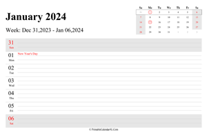 january 2024 weekly calendar with us holidays landscape layout