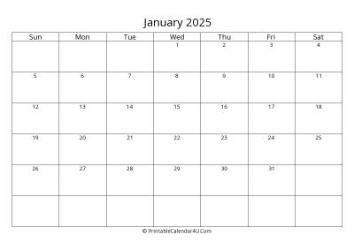 january 2025 calendar printable landscape layout