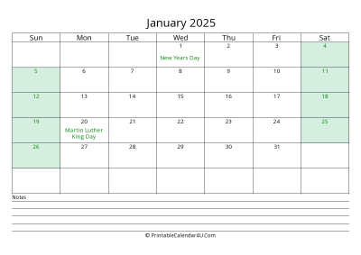 january 2025 calendar with us holidays and notes landscape layout