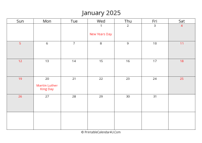 january 2025 calendar with us holidays highlighted landscape layout
