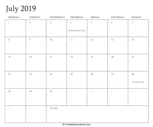 july 2019 calendar printable with holidays