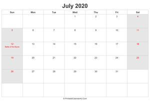 july 2020 calendar with uk bank holidays highlighted landscape layout
