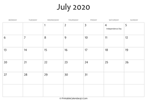 july 2020 editable calendar with holidays