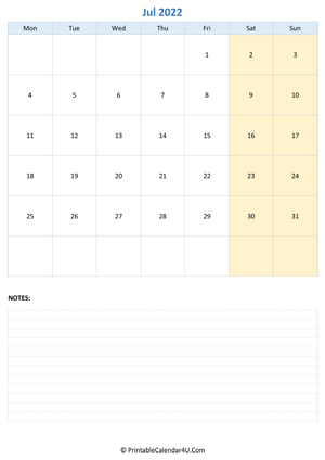 july 2022 calendar editable with notes vertical layout