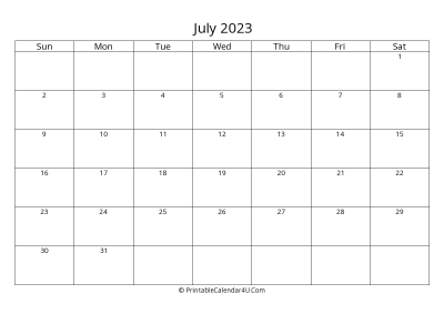 july 2023 calendar printable landscape layout