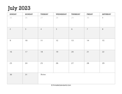 july 2023 calendar printable week starts on sunday
