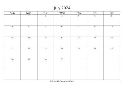 july 2024 calendar printable landscape layout