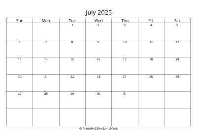 july 2025 calendar printable landscape layout