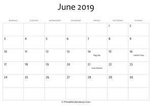 june 2019 editable calendar with holidays