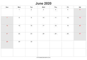 june 2020 calendar with uk bank holidays highlighted landscape layout