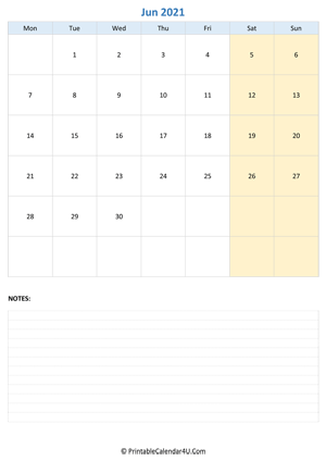 june 2021 calendar editable with notes vertical layout
